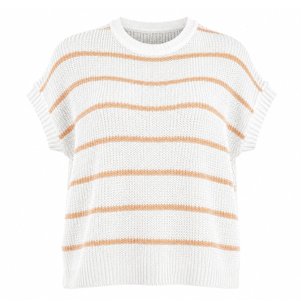Unbranded Striped Short Sleeve Sweater Women L White Tan Good Coastal Knit